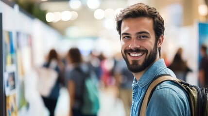 Portrait of a handsome smiling young man with a backpack exploring a modern art gallery exhibition on his creative journey