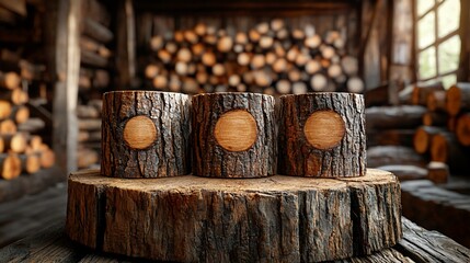 Three carved wood candle holders sit atop a larger stump, surrounded by stacked logs in a rustic barn