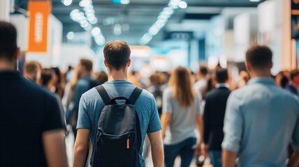 Man with a backpack viewed from behind walking through a crowded and blurred hall of a business conference or trade show