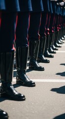 A line of soldiers in black boots stand in formation, their polished footwear reflecting the sunlight during a military parade