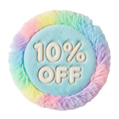 Circular rainbow fluffy badge with 10 percent off text isolated on white background