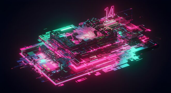 Abstract digital circuit board illustration with neon lights and futuristic design