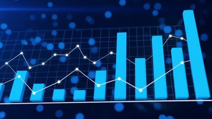 A rising bar chart growth analytic finance data statistic trend investment market economy surge illustrated by glowing blue bar and dynamic line graph, blue bar chart growth data analytic finance - Powered by Adobe