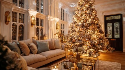A magnificent Christmas tree decorated with sparkling golden ornaments and twinkling fairy lights in a cozy living room setting