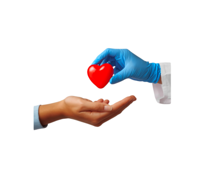 Medical professional s gloved hand offers a red heart to an open palm isolated on transparent background 