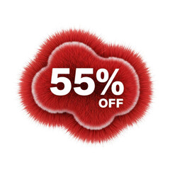 Red fluffy shape with 55 percent off text isolated on white background
