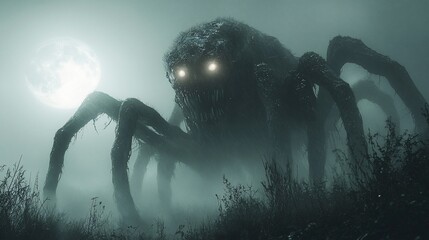 A giant, monstrous arachnid with glowing eyes looms beneath a full moon in a foggy, desolate field