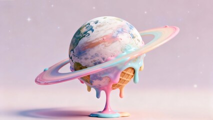 A melting ice cream scoop shaped like a planet orbiting in space