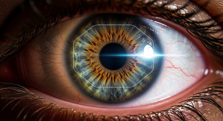 Close-up of a human eye with a futuristic digital interface, symbolizing advanced biometric security, identity verification, and innovative data scanning technology for modern applications
