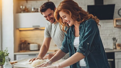 A happy couple is kneading dough together in a bright modern kitchen, smiling and enjoying their fun home baking lifestyle, joy and love in their relationship.
