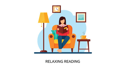 A woman comfortably reading a book in a cozy warmly lit room