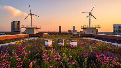 A sustainable green roof at sunset, featuring a meadow of wildflowers, beehives for urban beekeeping, and wind turbines generating renewable energy.