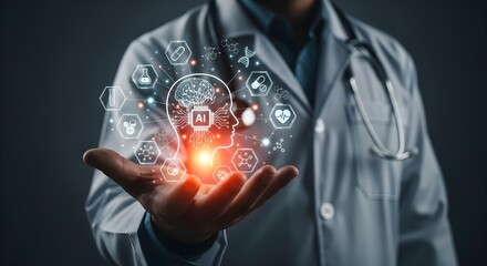 A doctor in a white coat extends his hand, displaying a digital representation of a human head surrounded by various medical icons.