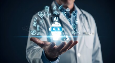 Doctor holding a glowing AI robot icon surrounded by medical symbols, representing artificial intelligence in healthcare.