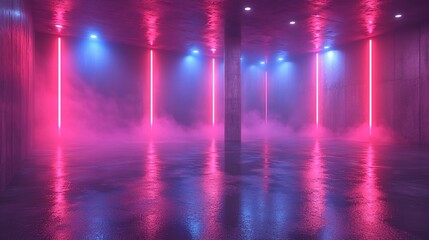 A contemporary, minimalist interior space with vibrant pink and blue neon lighting and fog