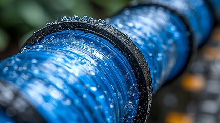 Close-up of a blue pipe with water droplets, showing details of connectors and surface texture