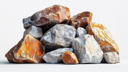 A collection of colorful rough rocks piled up on a white background, studio shot
