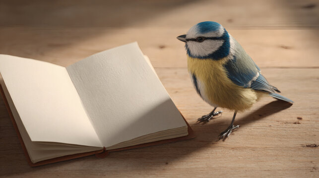 A small blue tit bird stands on a wooden surface next to an open book with blank pages.