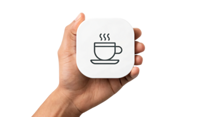 A hand holding a coffee mug icon of hot beverage