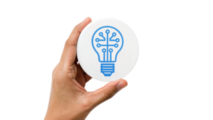 Hand holding digital light bulb is an iconic symbol of bright ideas, innovation, and creative solution in business and technology