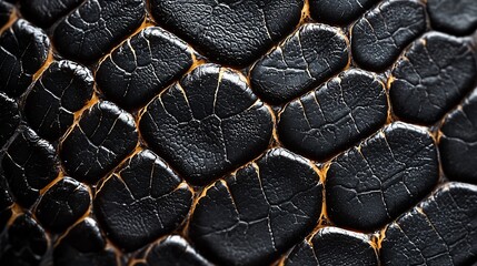 Close-up abstract of textured black and gold geometric pattern, resembling reptile skin