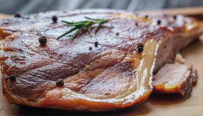 Juicy grilled ham steak with peppercorns and rosemary, close-up view