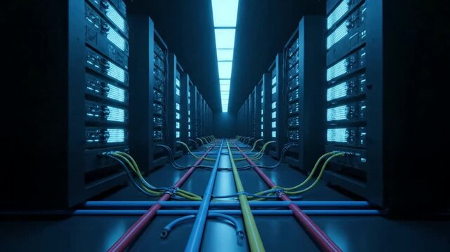 A detailed view of a server room with network cables and server racks.