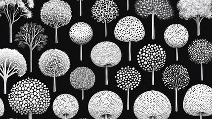 Array of stylized monochrome trees, textured in varying patterns, on a dark background