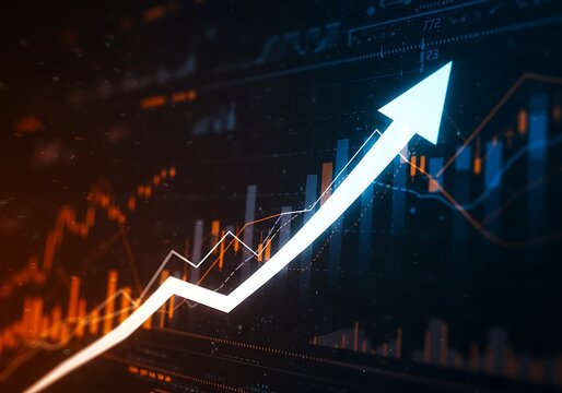 A growth chart shows market evolution, increased results, business success, and financial strengthening with a strategic focus. financial / business growth 