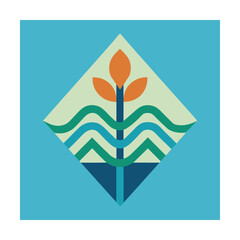 Fototapeta premium Orange plant with green waves inside a diamond on blue background abstract branch