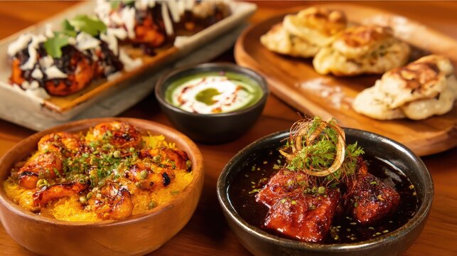 Una selecci&oacute;n de deliciosos platos de comida india presentada sobre una superficie de madera.