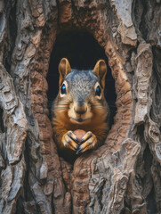 Squirrel holding a nut inside a tree hollow