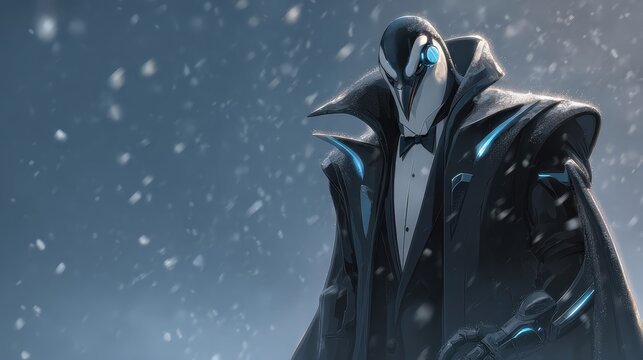 Una figura misteriosa envuelta en un abrigo de nieve, con rasgos de p&aacute;jaro y un aire de nobleza.
