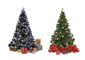 Contrast of Modern and Traditional Christmas Trees with Gifts