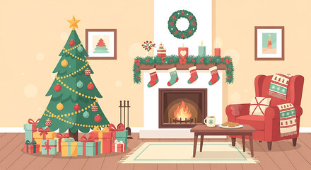 Christmas living room with decorated fireplace and christmas tree
