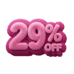 Pink fluffy 29 percent off sale sign isolated on white background