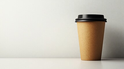 A paper coffee cup with a black lid sits on a white surface against a plain wall