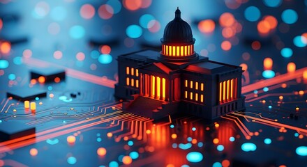 A stylized, futuristic government building model illuminated with orange light sits atop a circuit board with glowing blue and red bokeh.