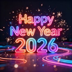 &ldquo;3D Neon Typography &lsquo;Happy New Year 2026&rsquo; with Glowing Gradient Letters and Sparkling Trails &ndash; Futuristic Celebration Art&rdquo;