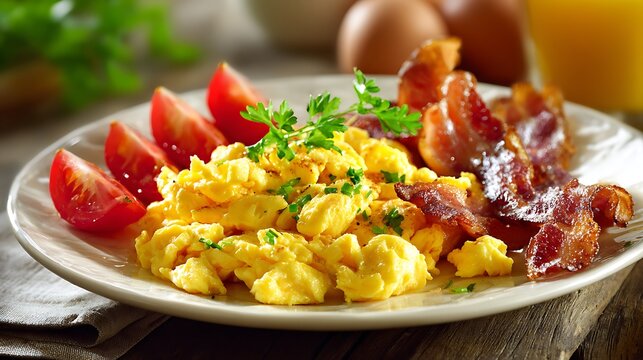 Scrambled eggs with bacon plate served on breakfast table