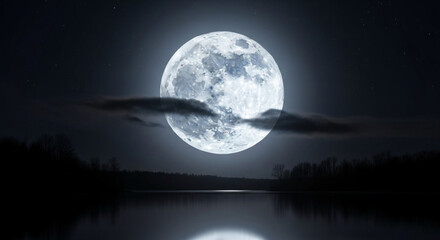 Naklejka premium Stunning full moon illuminates a tranquil lake and dark forest under a starry night sky, creating a magical, serene atmosphere.