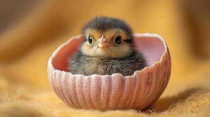 Fluffy, newly hatched chick sits inside a cracked eggshell, centered with a yellow background