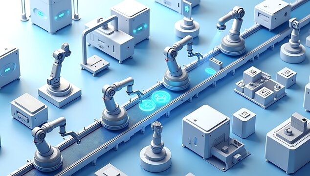 3D isometric futuristic illustration of an automated assembly line producing robotic medical devices, featuring robotic arms, scanners, and AI inspection systems &mdash; symbolizing advanced medical