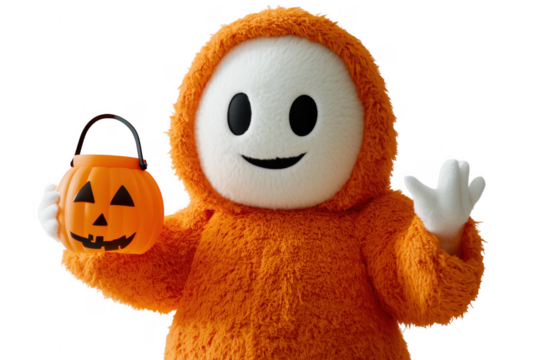 Orange character holding pumpkin bucket isolated on a transparent background