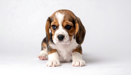 Adorable puppy with brown, white, and black fur, isolated on white