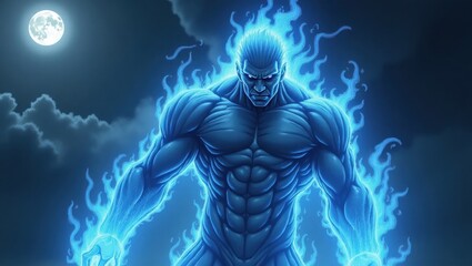 Mighty warrior enveloped in electric blue flames under a full moon