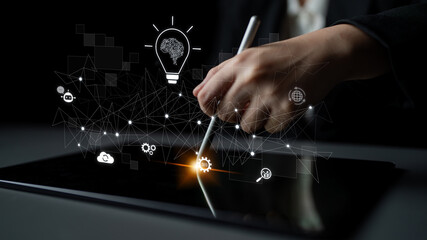 AI innovation with neural network and digital transformation. AI innovation drives automation, powers ideas, AI innovation enhances SEO, and AI innovation enables global connection. Latch