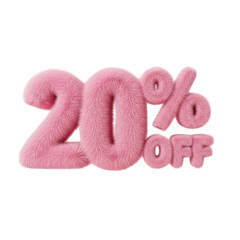 Pink fluffy 20 percent off text isolated on white background