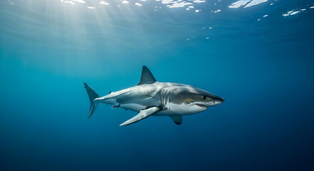 Fototapeta premium Great white shark swims gracefully in deep blue ocean water