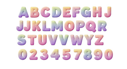 Colorful pastel alphabet letters and numbers isolated on white background